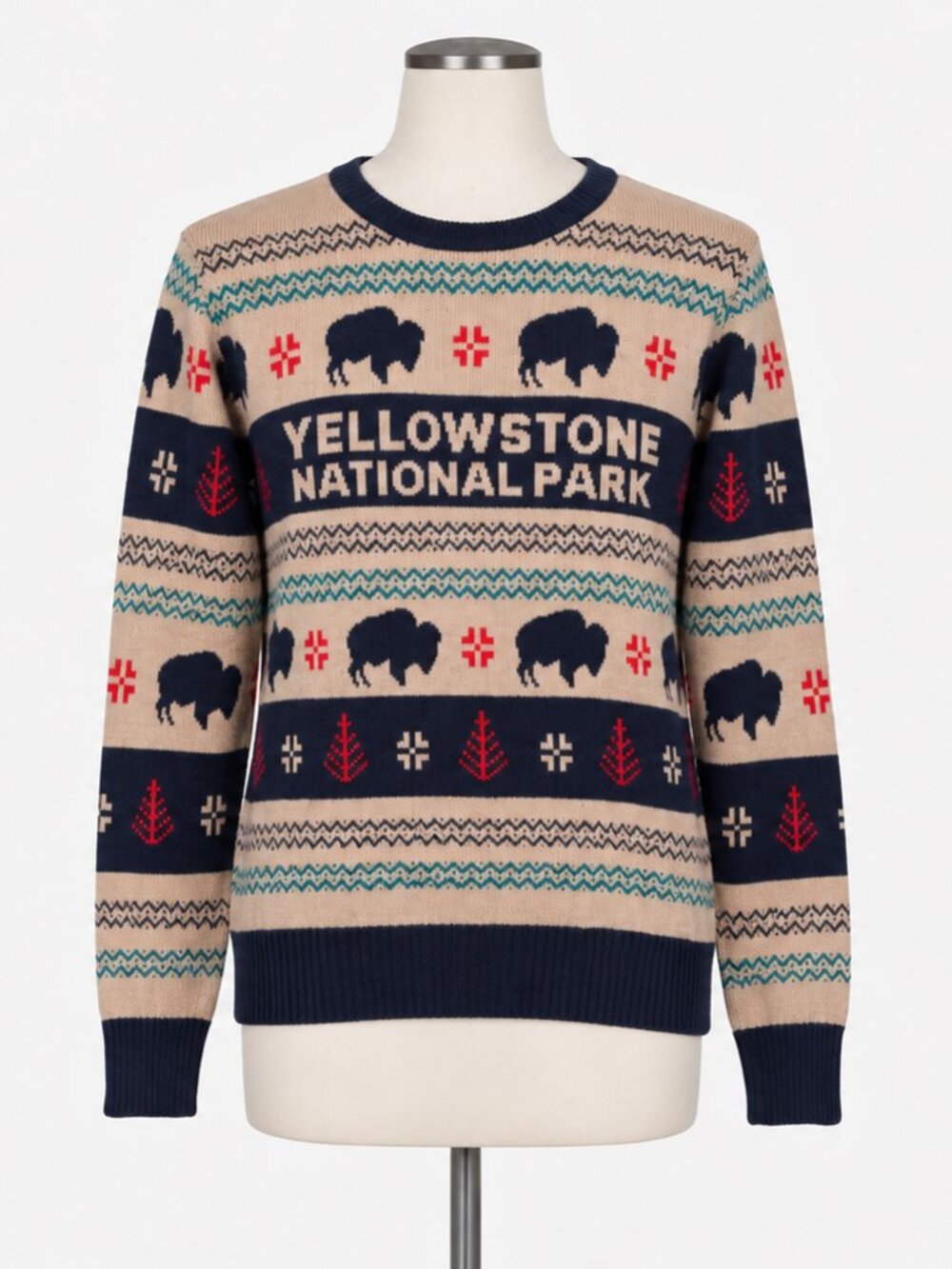 Yellowstone National Park Buffalo Fair Isle Sweater Women's Small Beige Navy